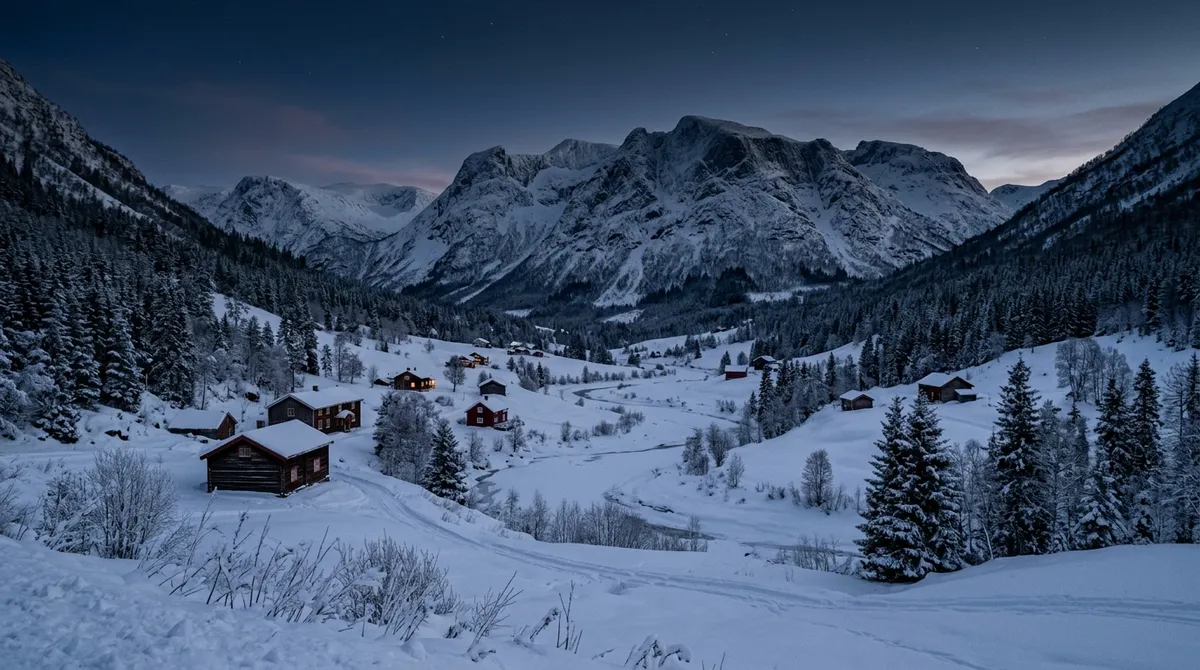 Valle de Hessdalen en Noruega durante el anochecer, con cabañas de madera y montañas nevadas al fondo.