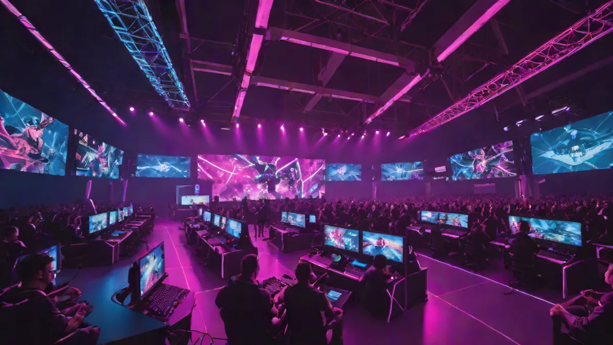 Un estadio repleto de público durante una gran final de torneo de esports con luces led y escenario central.