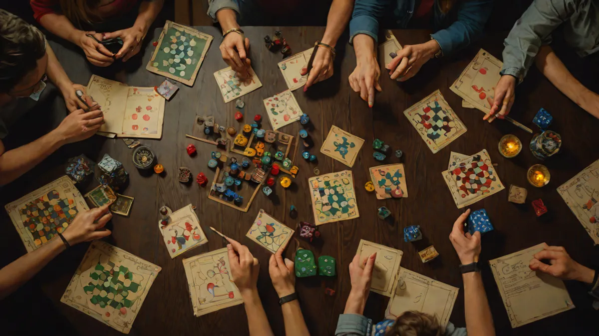 Grupo de personas jugando a un juego de rol colaborativo alrededor de una mesa de madera sin pantalla de máster.