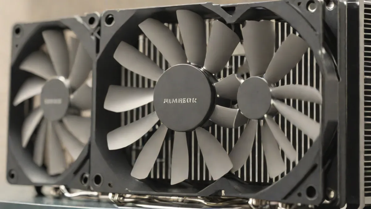 CPU cooler with heat sink and fans, showing airflow in a real desktop setup