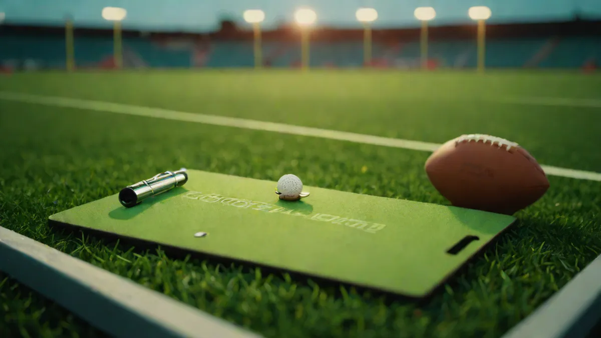 Tablero de estrategia y balones en la banda de un campo de fútbol iluminado para un torneo.
