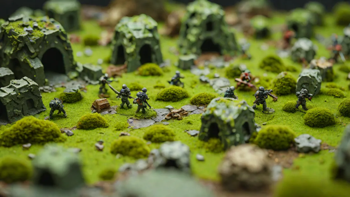 Mesa de juego de wargame con miniaturas pintadas, dados y escenografía de ruinas sobre un tapete.