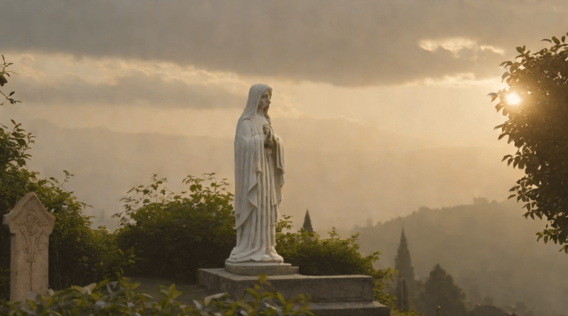Virgen María en un entorno montañoso al amanecer