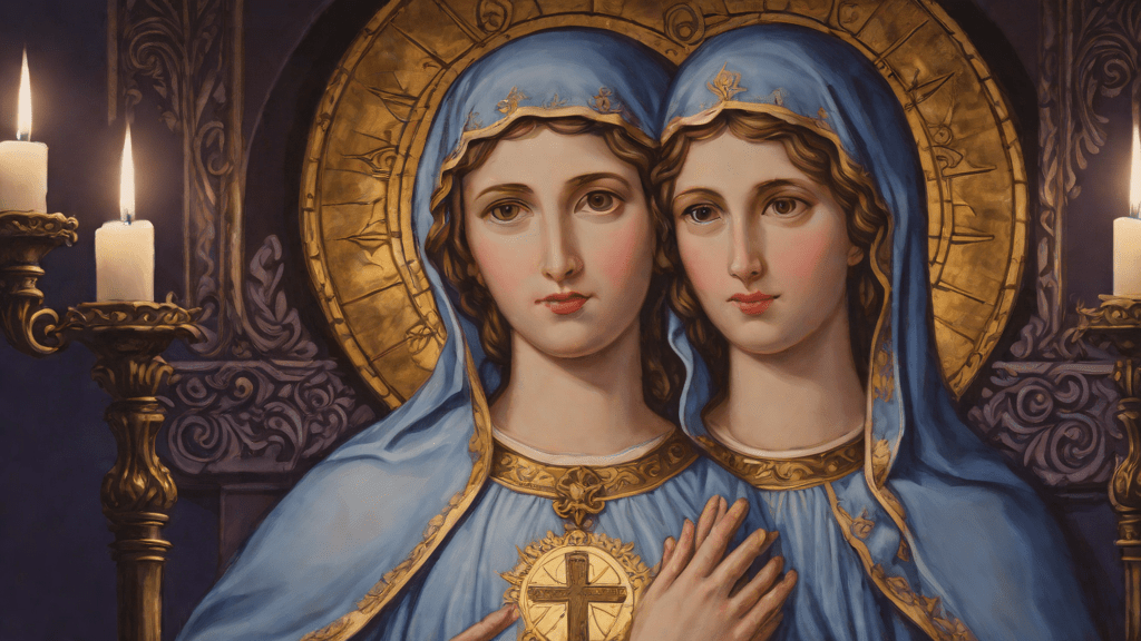 Vista detallada de una imagen de la Virgen en capilla a medianoche