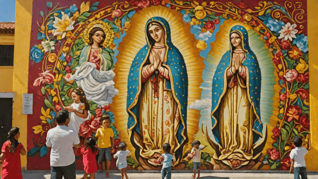 Mural de la Virgen en una plaza mexicana al mediodía