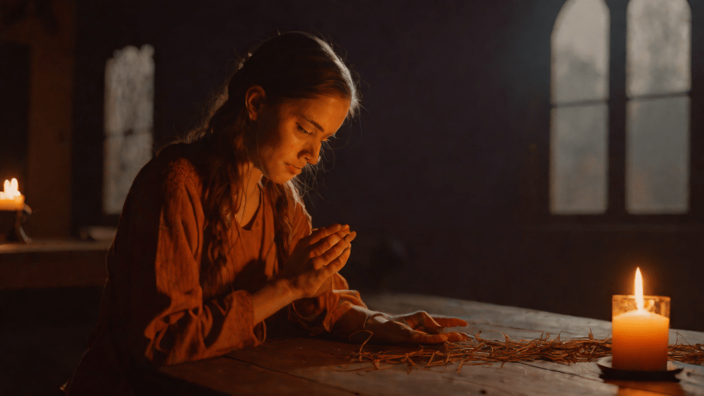 Niña en oración en capilla rural durante la noche