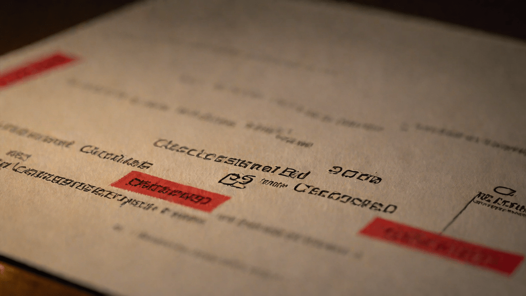 Documentos oficiales desclasificados en una oficina de noche