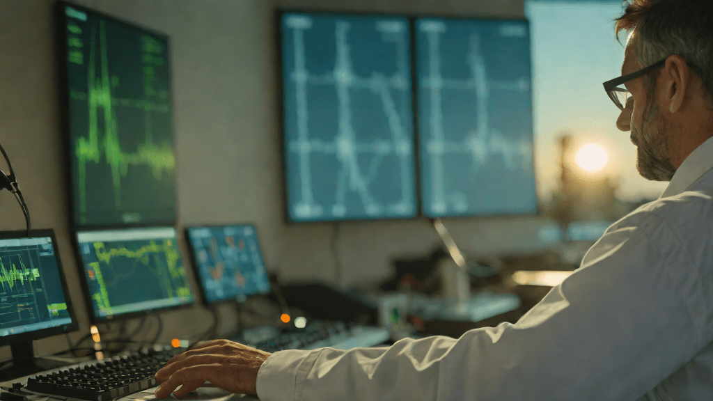 Científico analizando datos de radar en laboratorio al amanecer
