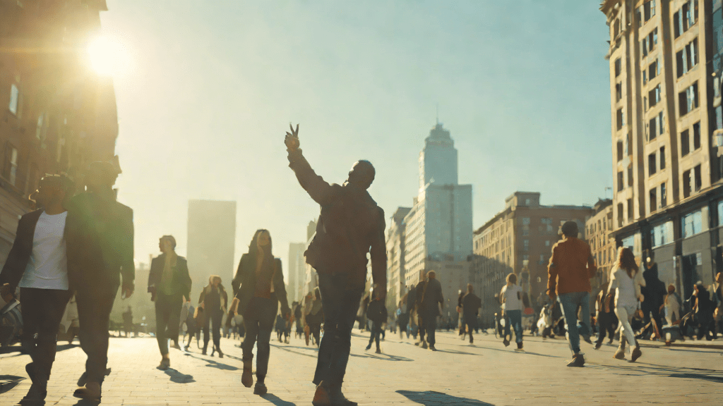 Ciudad con público observando un objeto en el cielo durante el día