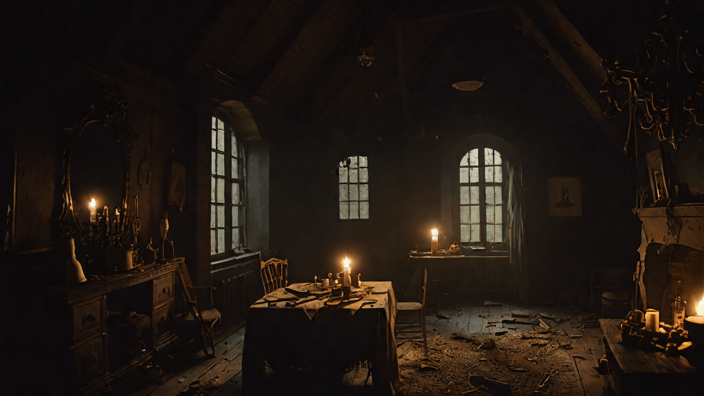 Habitación de atico antiguo con sombras extrañas y una lámpara que parpadea en la oscuridad