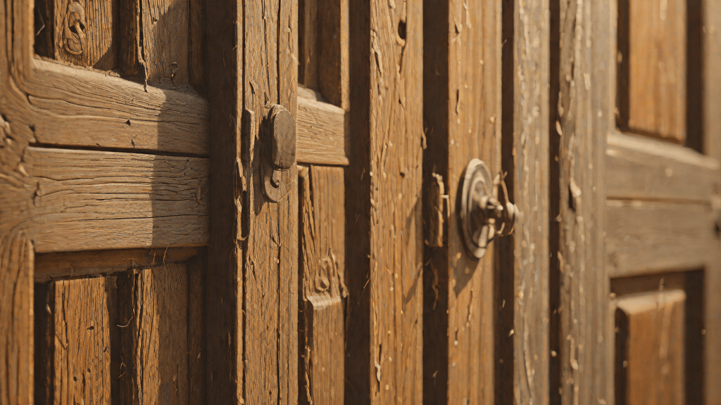 Puerta de una casa encantada en campo andaluz, luz del mediodía