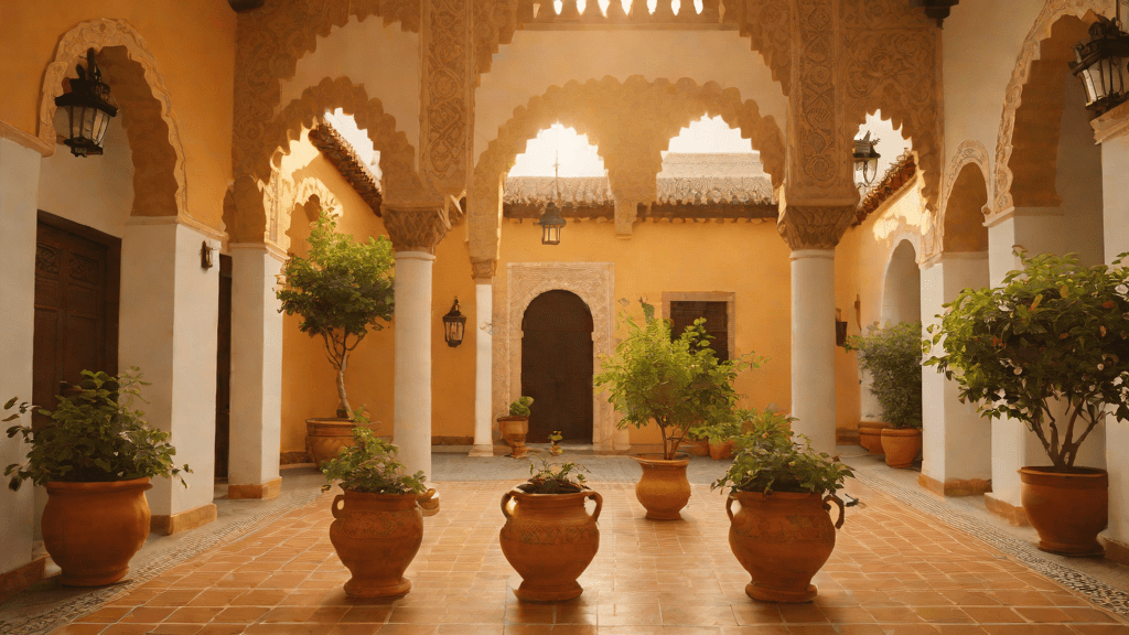 Patio encantado en Andalucía al amanecer, colores vivos