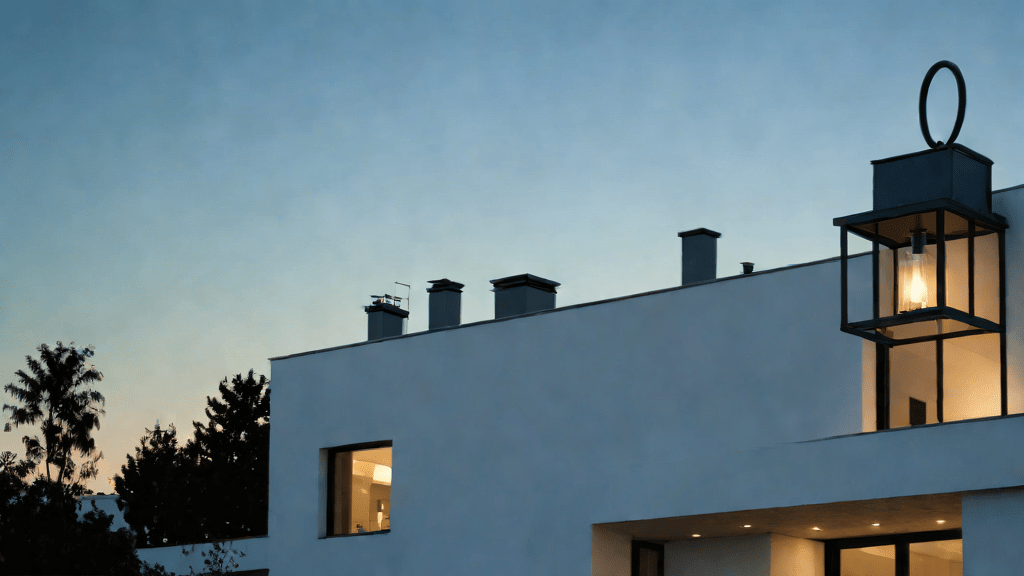 Casa encantada moderna en Madrid al crepúsculo, luz tenue y elegante