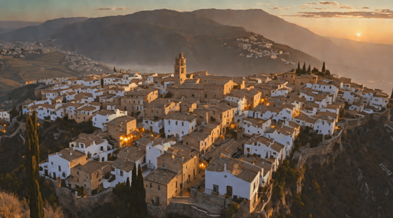 Vista mística de un pueblo español al atardecer con casas encantadas brillando en la niebla