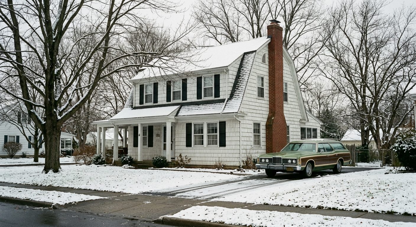 Fachada de la casa de Amityville en diciembre de 1975 con un vehículo de la época aparcado.