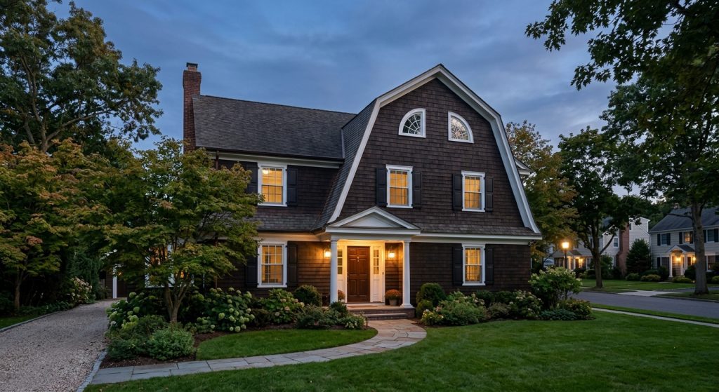 Fachada exterior de la casa estilo colonial holandés en Amityville al atardecer.