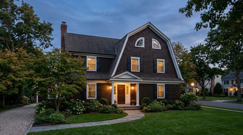 Fachada exterior de la casa estilo colonial holandés en Amityville al atardecer.