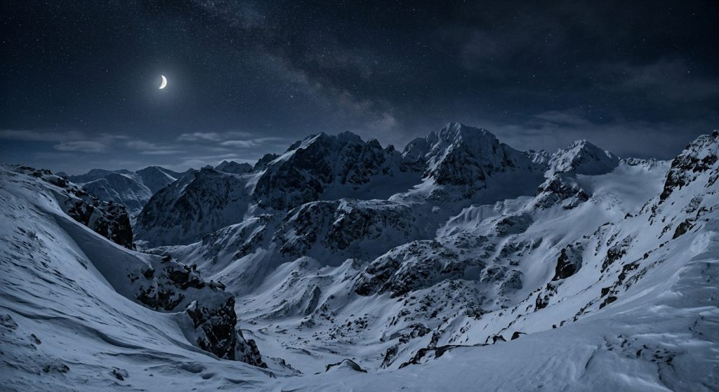 Vista nocturna del monte Kholat Syakl en la zona de alta montaña