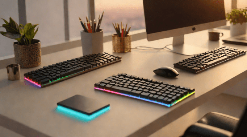 Portada de un teclado mecánico con efectos RGB en entorno moderno