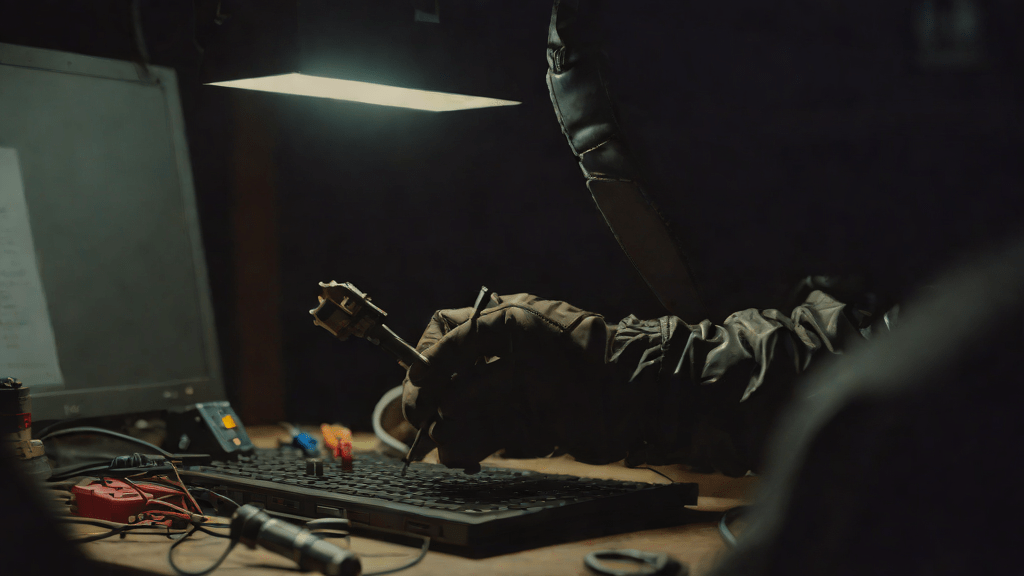 Technician opening computer case in a dark garage at night
