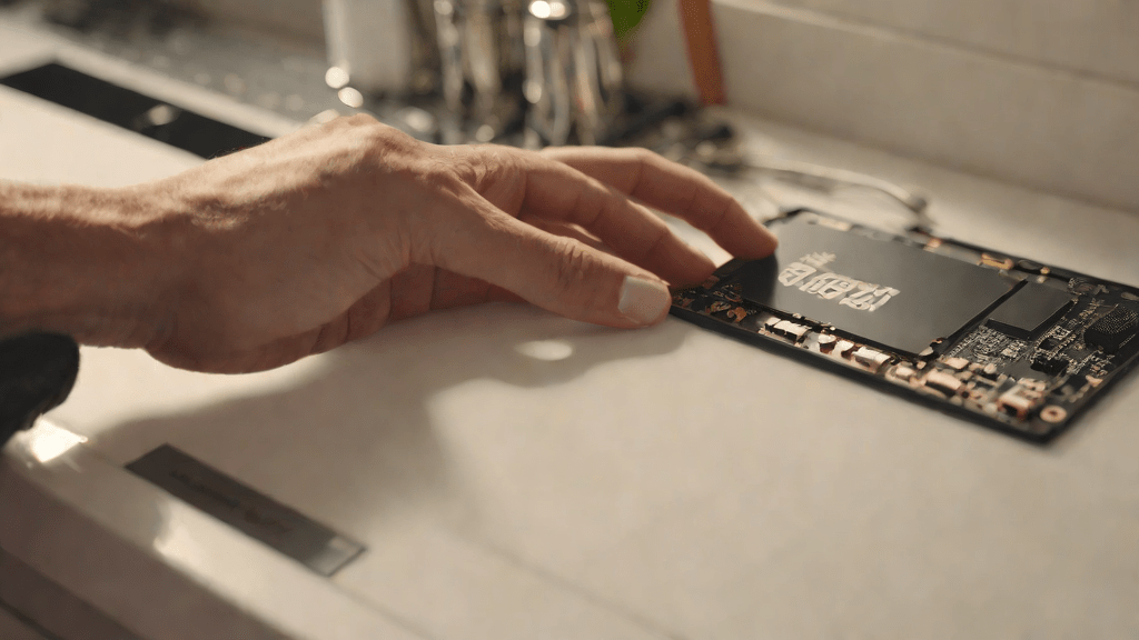 SSD being installed in a motherboard on a kitchen counter in morning light