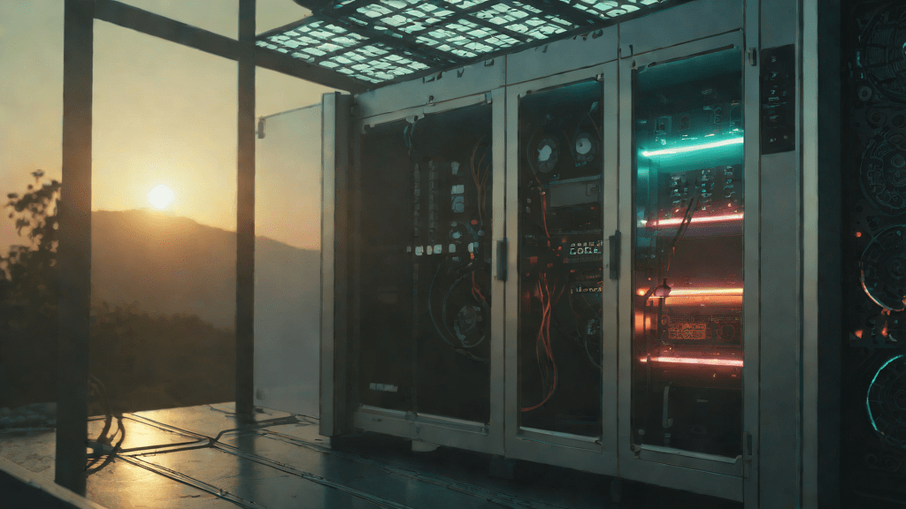 SSD installation in a futuristic outdoor server lab at sunrise