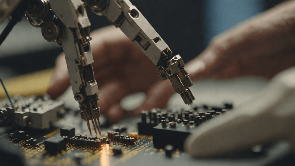 Mano robótica montando piezas electrónicas en un taller al amanecer