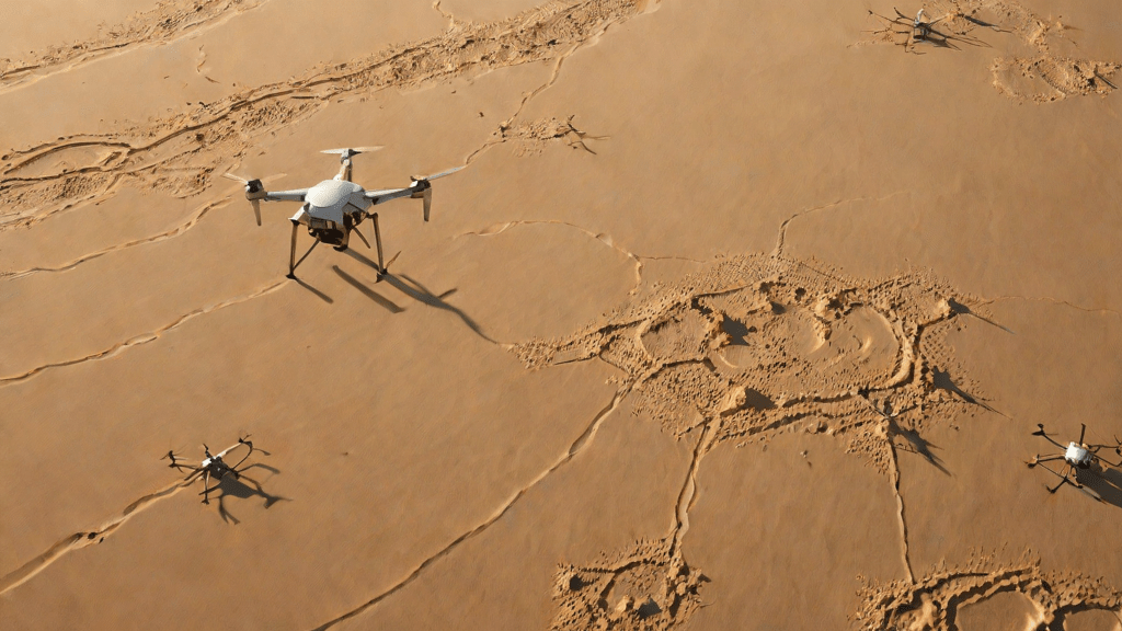 Drones sobre dunas con mapa de datos en la arena al mediodía