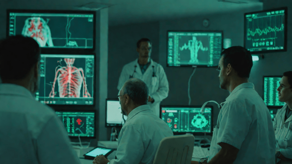 Pantalla de IA médica mostrando datos de pacientes en hospital de noche