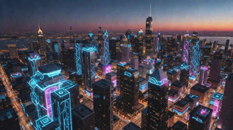 Ciudad futurista con hologramas de inteligencia artificial al atardecer
