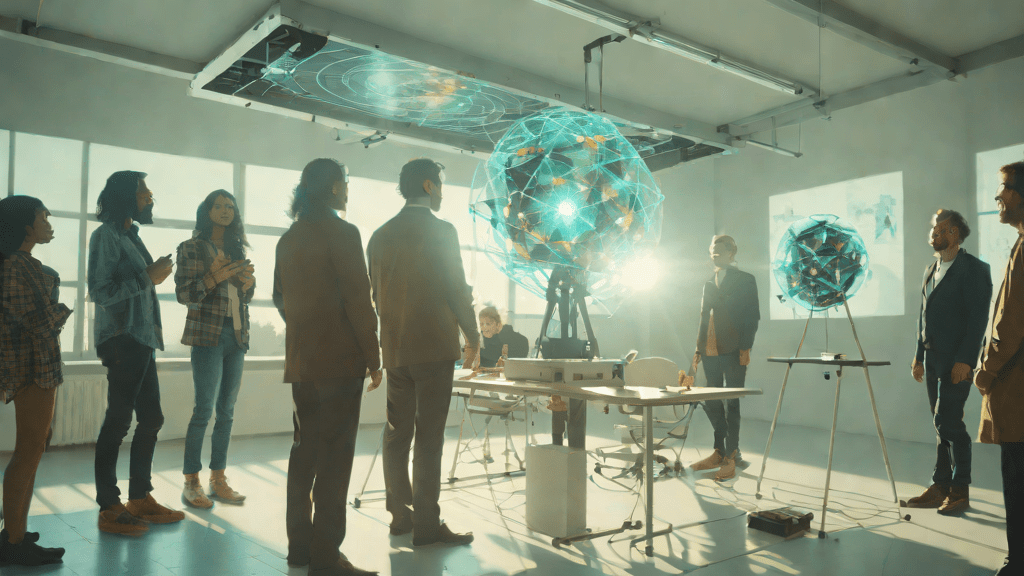 Equipo de investigación trabajando con una inteligencia artificial en un laboratorio