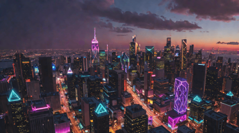 Vista nocturna de una ciudad con flujo de datos de inteligencia artificial en las nubes