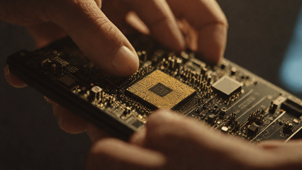 Technician inspecting a graphics card in a dimly lit workshop
