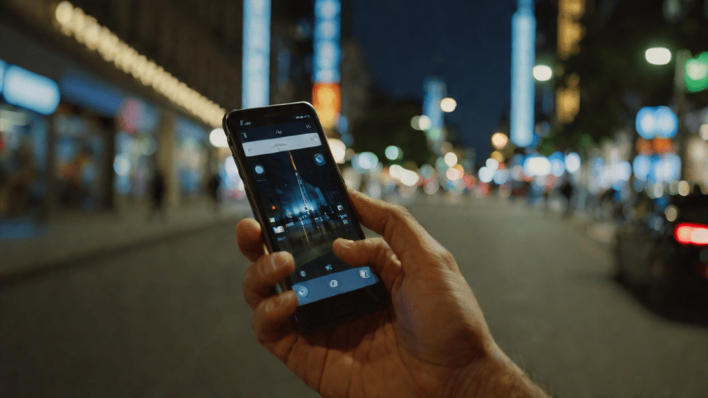 Person checking graphics card info on a phone at night in a city street