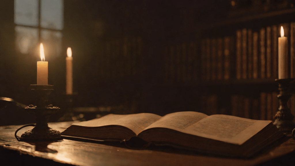 Biblioteca antigua con libro sobre criptozoología iluminado por una vela