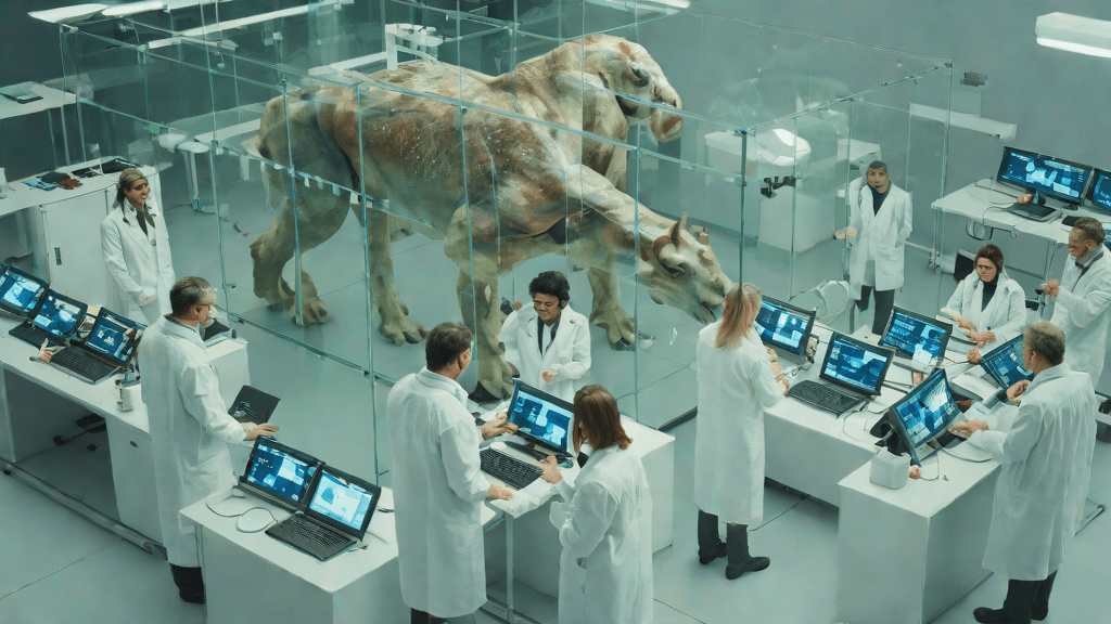 Laboratorio científico actual con estudio de un críptido mediante holograma