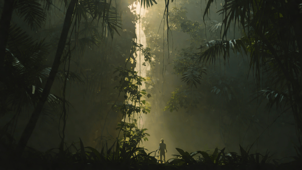 Silueta de un ser en el bosque tropical al amanecer, detrás de un cauce