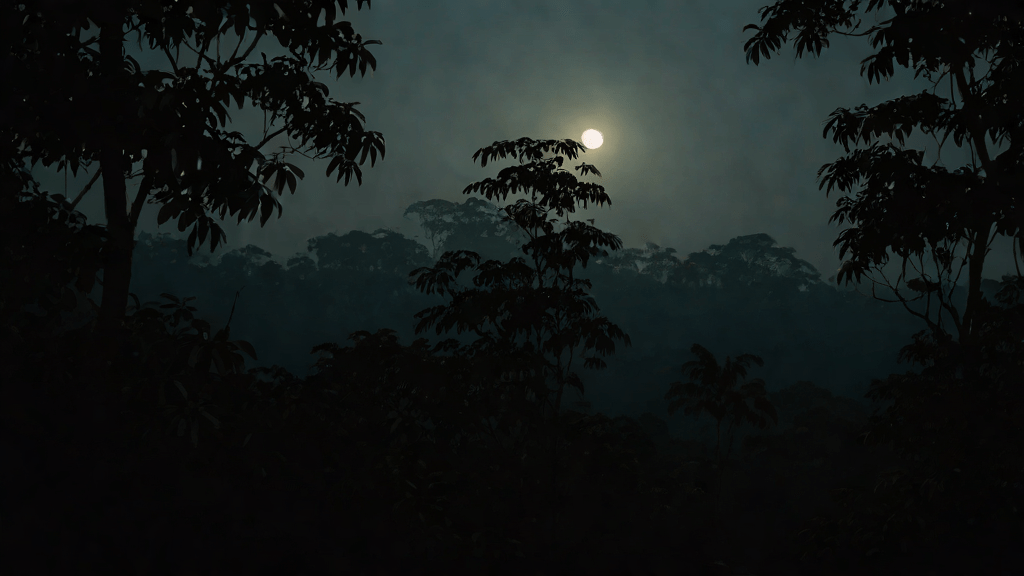Silueta misteriosa en la selva amazónica bajo luz lunar