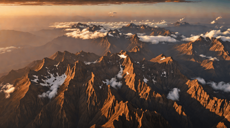 Vista aérea de las montañas andinas al amanecer con nubes y bruma