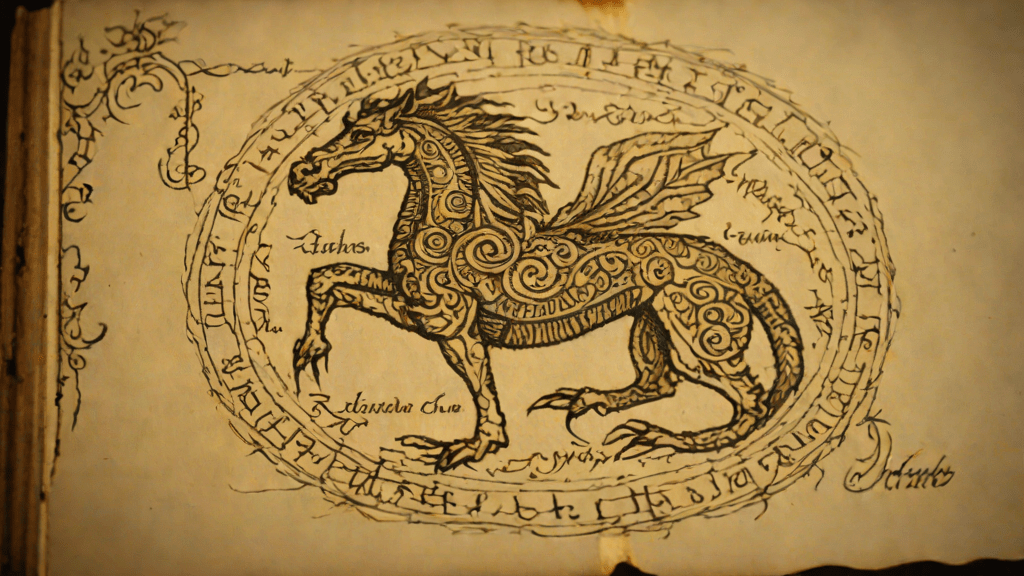 Ancient manuscript showing early illustrations of cryptids in historical script