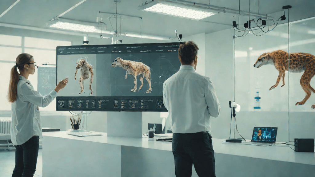 Scientist in a lab analyzing data about unknown animals using digital tools