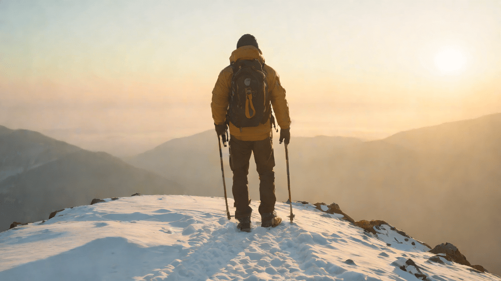 Hiker on a mountain at dawn observing distant natural mysteries