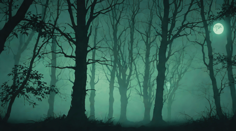 Nocturnal forest with mysterious glowing creatures in moonlight