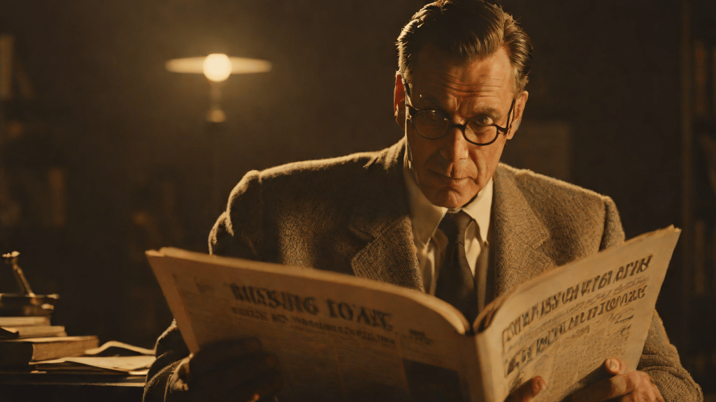 Detective leyendo un periódico en una biblioteca al amanecer