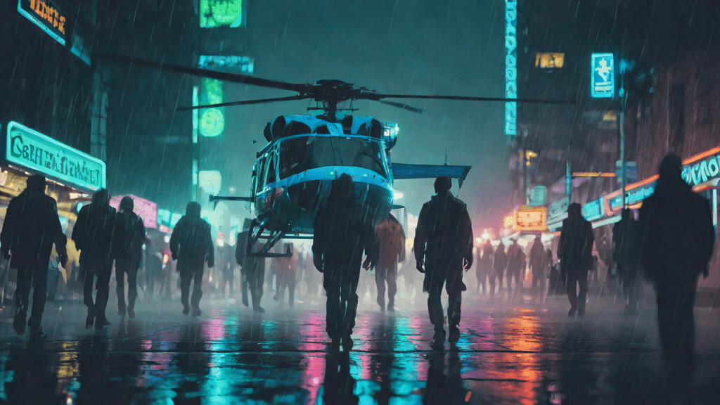 Pueblo en lluvia con un helicóptero brillante en el cielo