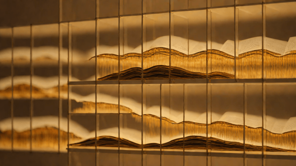 Cross-section of a layered bookshelf with flowing data patterns inside
