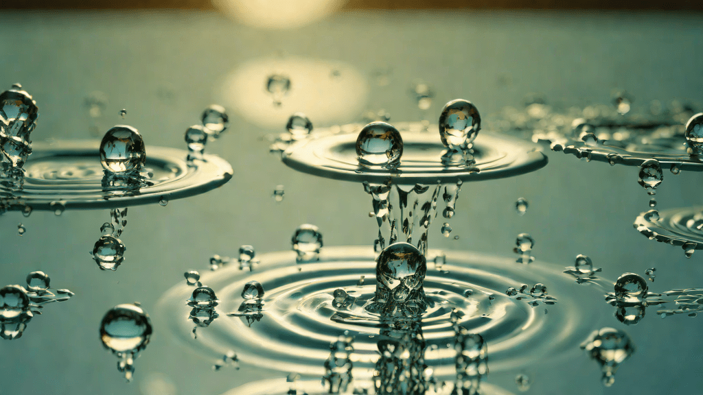 Droplets creating geometric ripple patterns in a still water surface