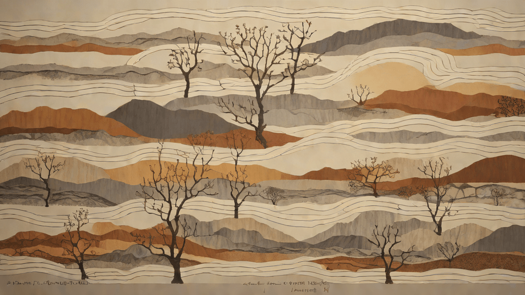 Geological timeline with branching data arcs transitioning from dark to light