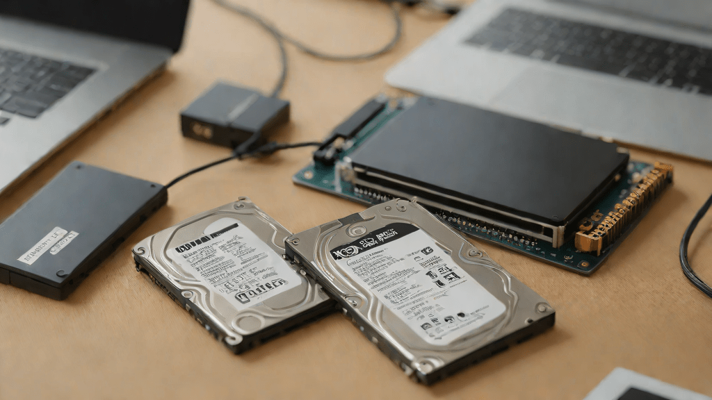 Un SSD y un HDD en una mesa con un monitor de transferencia de datos visible