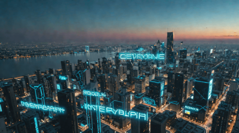 Ciudad futurista con textos holográficos flotantes al atardecer